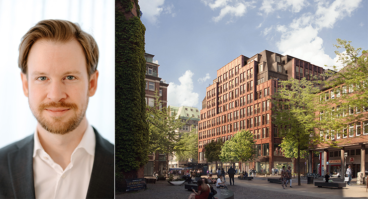 Nikolas Bosnić, Head of Development Redevco DACH (left), Elisen Palais Development in Hamburg, Germany (right). /// credit: Redevco, Sergison Bates Architects/Rethmeierschlaich Architekten